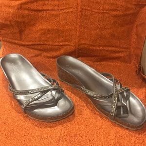 Metallic grey sandals with gem straps